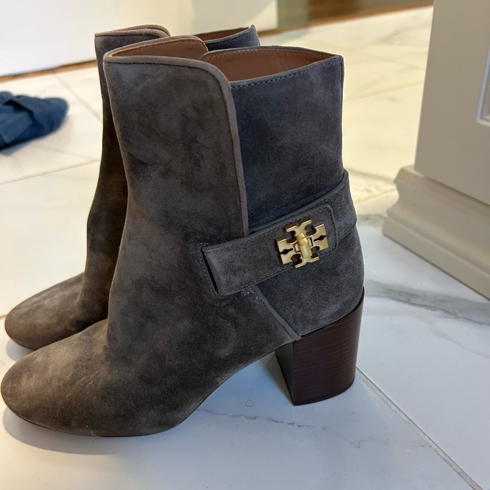 Tory Burch Taupe Suede Ankle Boots with Gold Accent